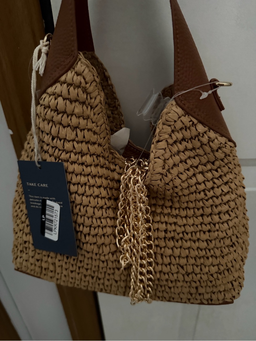 Woven Straw Hobo Tote with Brown Leather Trim - Picture 2 of 10